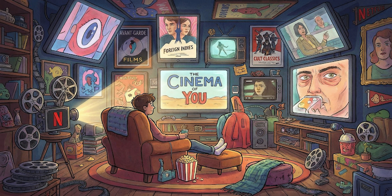 A glowing multiplex where each screen shows a different obscure film—from arthouse dramas to vintage kung fu flicks—connected by digital streams of light