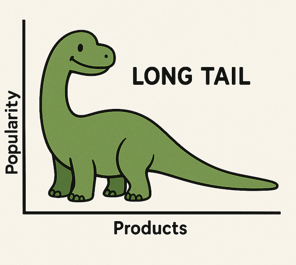 Illustration of the Long Tail Theory with a smiling dinosaur representing niche markets