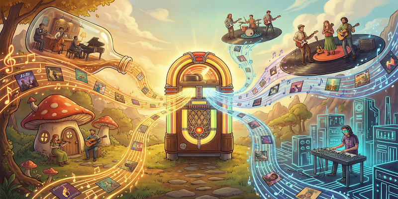 An infinite digital jukebox filled with glowing vinyl records streaming through a neon cloud of data